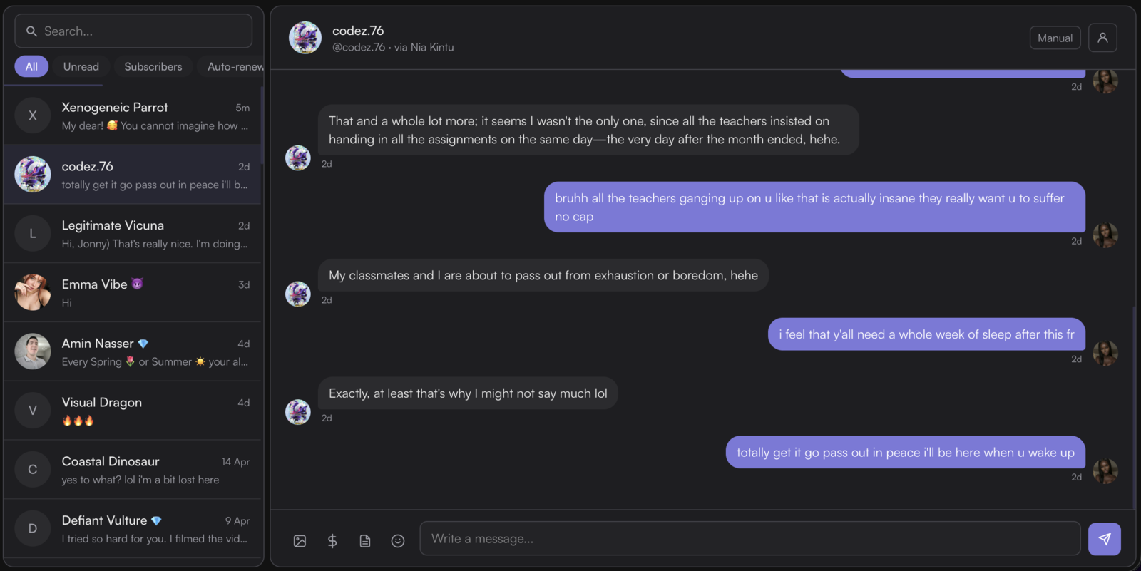 Fanvy unified inbox showing conversations from multiple Fanvue accounts